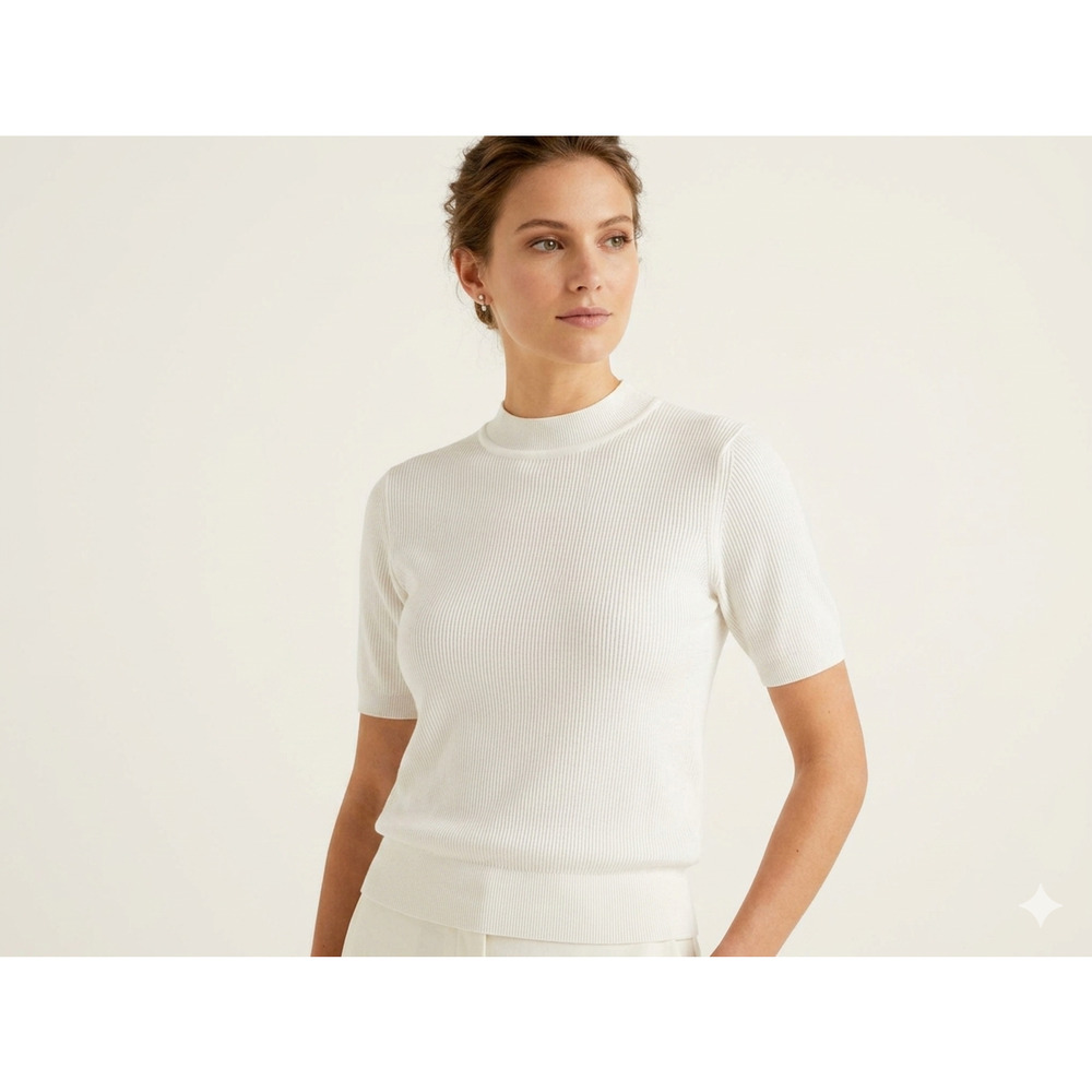 Dress To Knit Tee Womens Small White Mock Neck Short Sleeve Ribbed Shirt Top